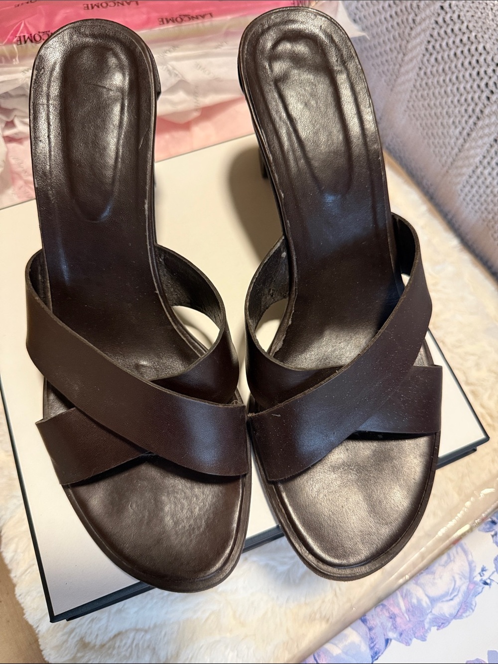 Banana Republic Dark Brown Cross-Strap Slide Sandals